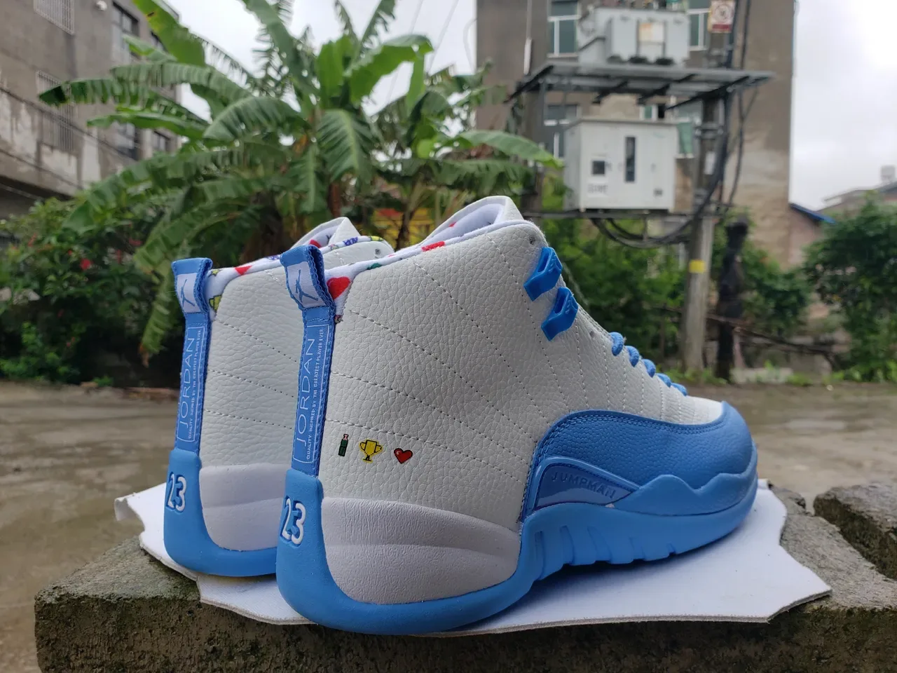 Air Jordan 12 White and Light Blue Yellow Outsole Basketball Shoes 4