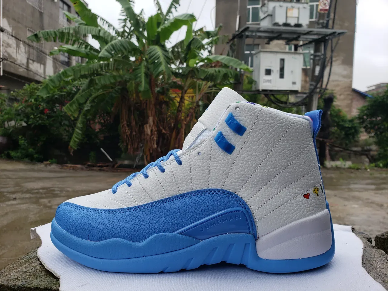 Air Jordan 12 White and Light Blue Yellow Outsole Basketball Shoes 5