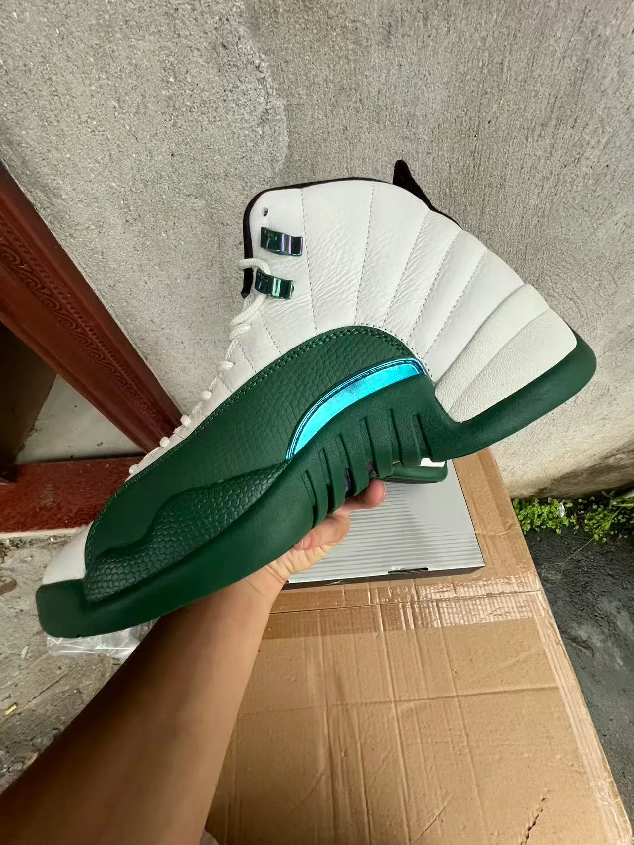 حذاء كرة السلة Air Jordan 12 أبيض وأخضر قزحي 5