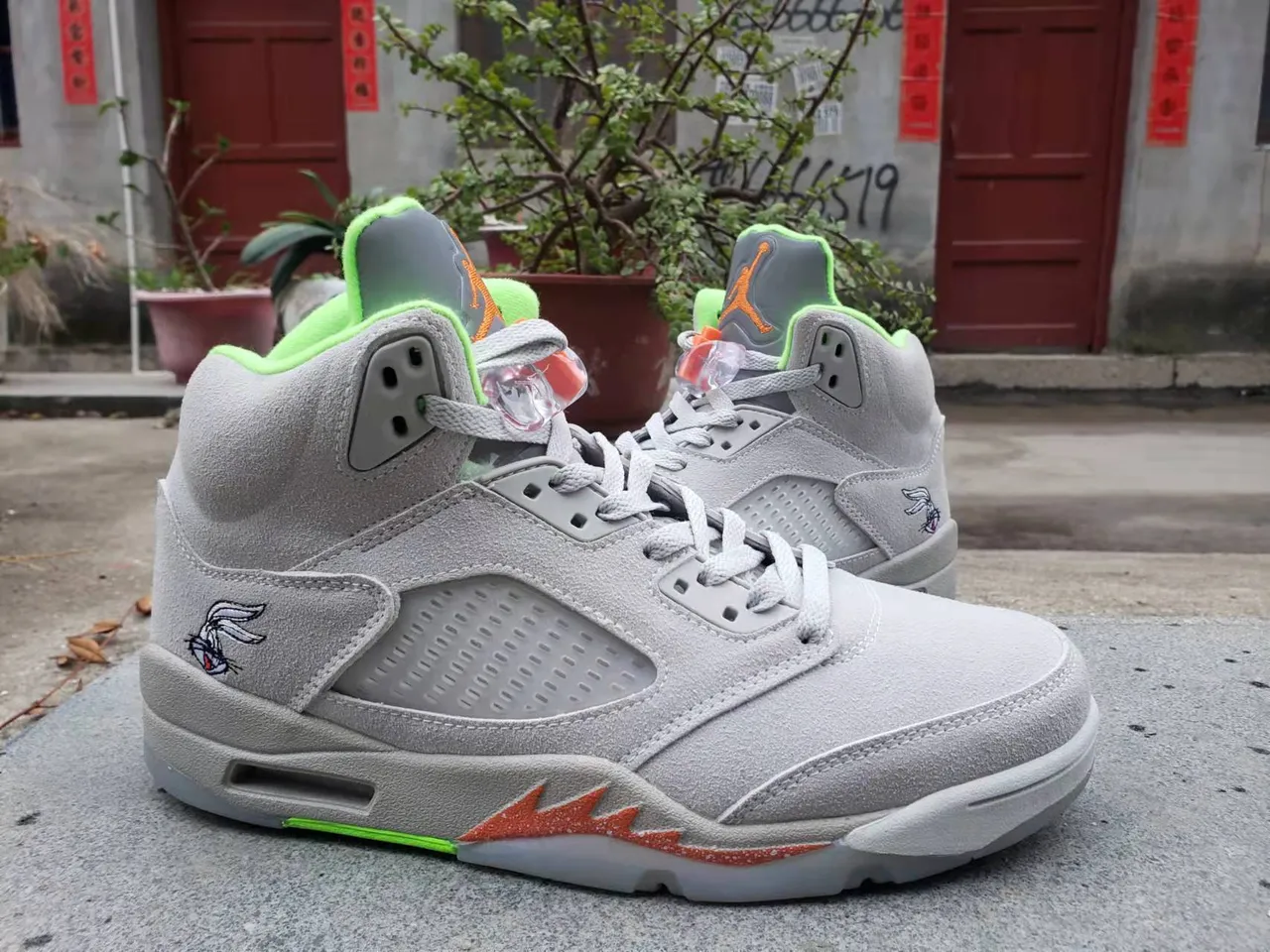 Zapatillas de baloncesto Air Jordan 5 gris verde neón llama naranja 2