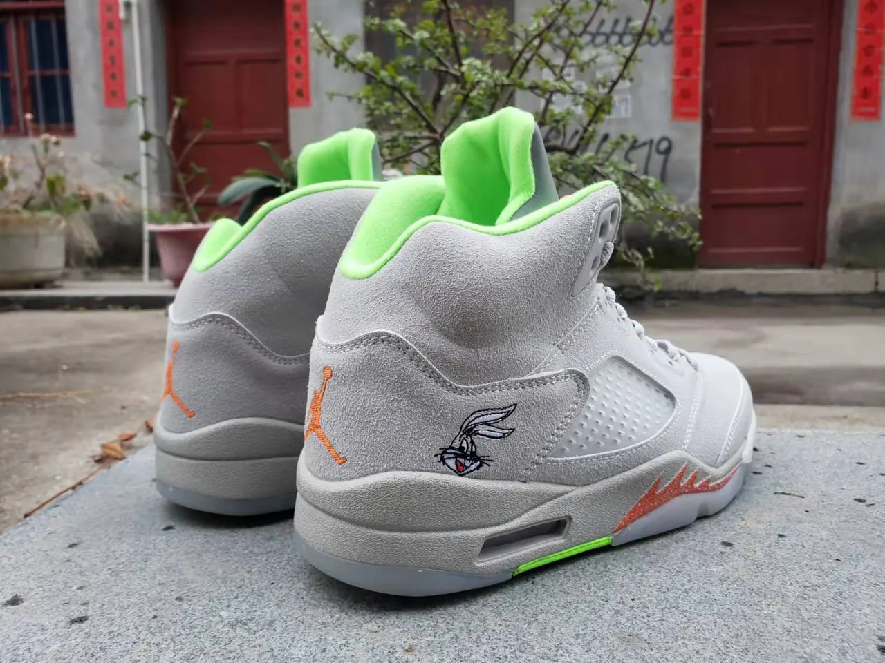 Zapatillas de baloncesto Air Jordan 5 gris verde neón llama naranja 4