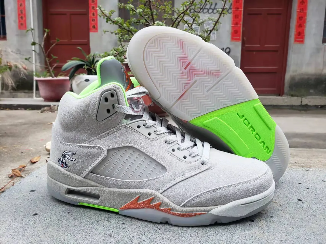 Zapatillas de baloncesto Air Jordan 5 gris verde neón llama naranja 5