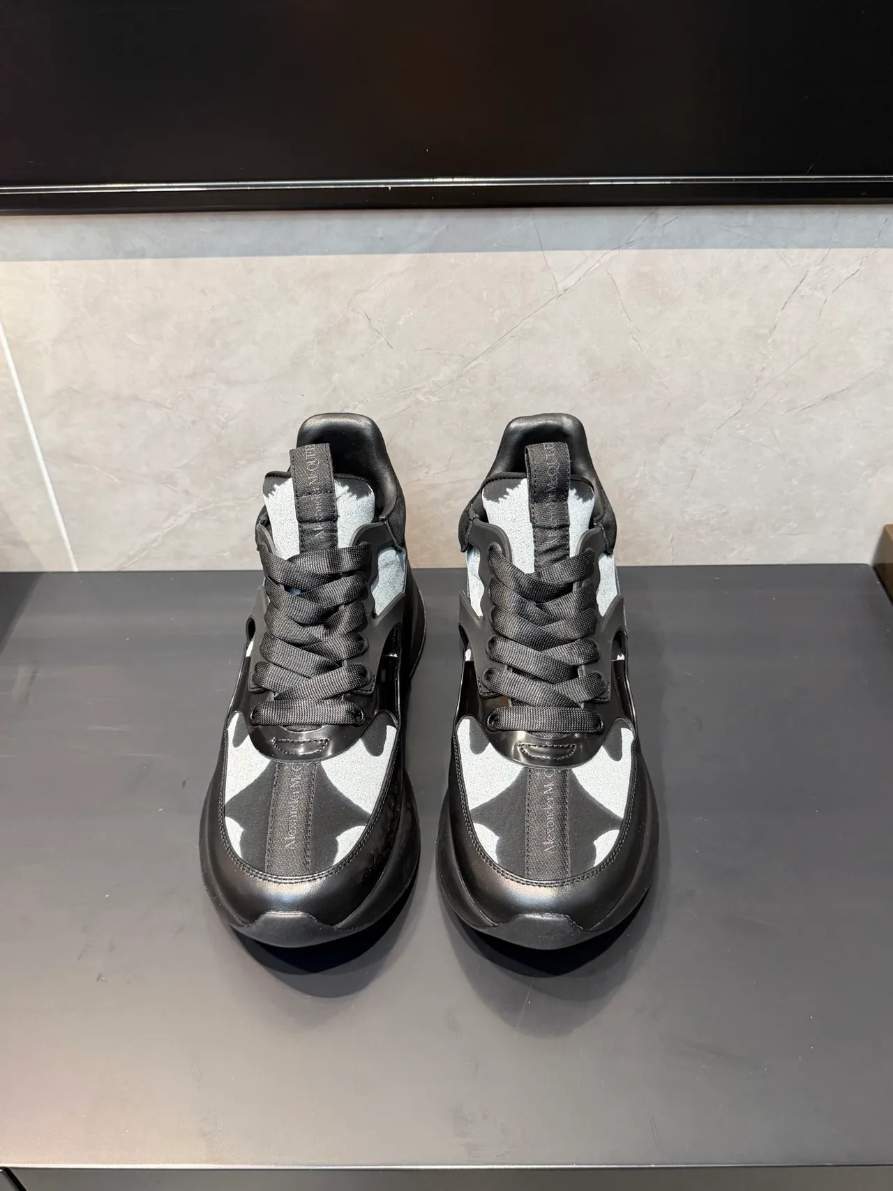 Alexander McQueen Black Silver Oversized Platform Sole Layered Synthetic Cage Overlay Chunky Sneakers 2