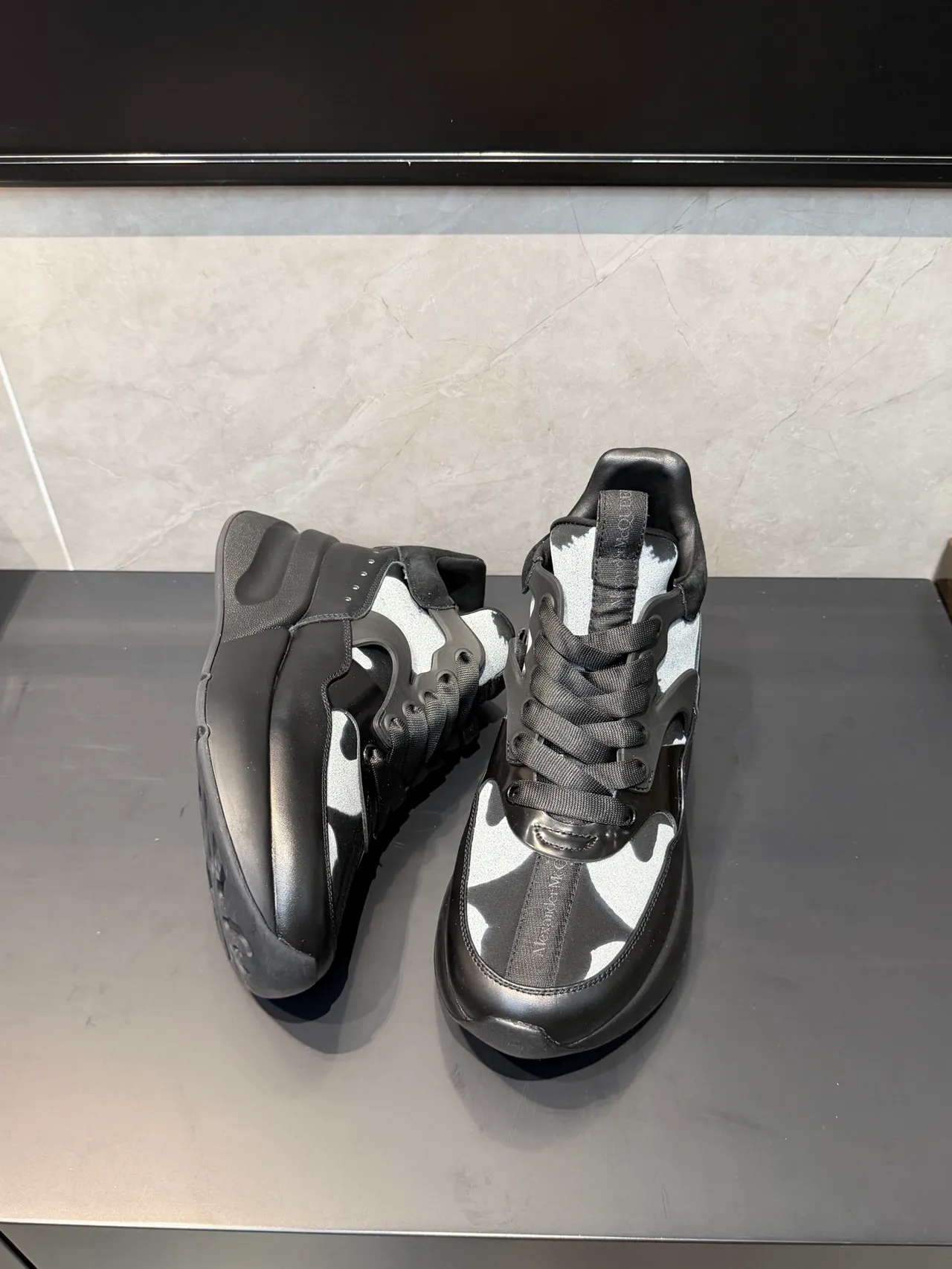 Alexander McQueen Black Silver Oversized Platform Sole Layered Synthetic Cage Overlay Chunky Sneakers 3