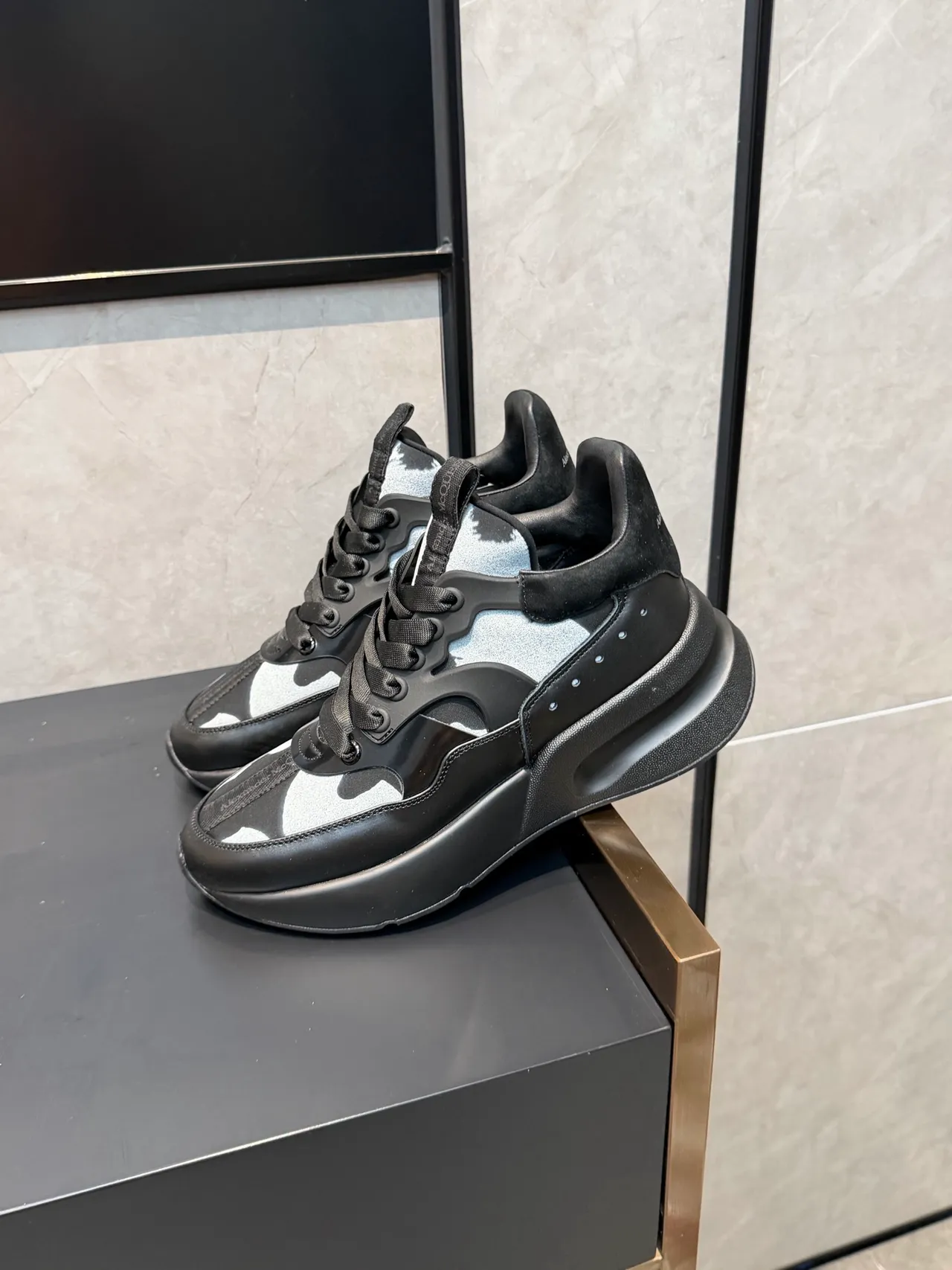 Alexander McQueen Black Silver Oversized Platform Sole Layered Synthetic Cage Overlay Chunky Sneakers 4