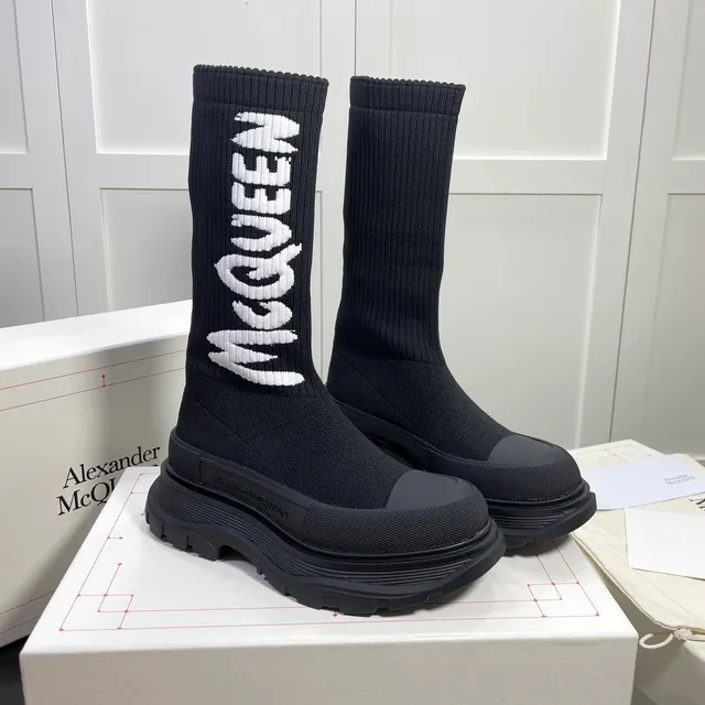 Alexander McQueen 黑色白色针织袜顶 Logo集成 膝靴 6