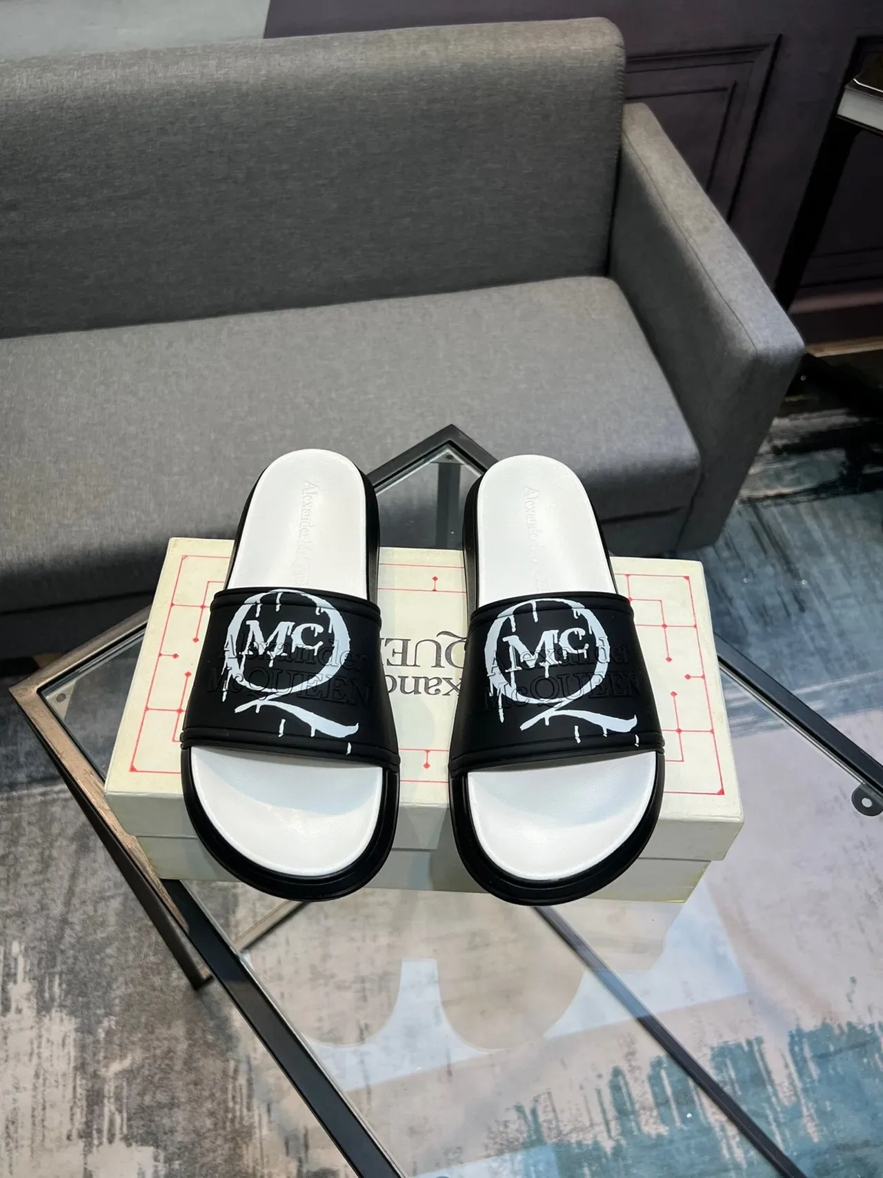 Alexander McQueen Logo-Print Black and White Slide Slippers 2