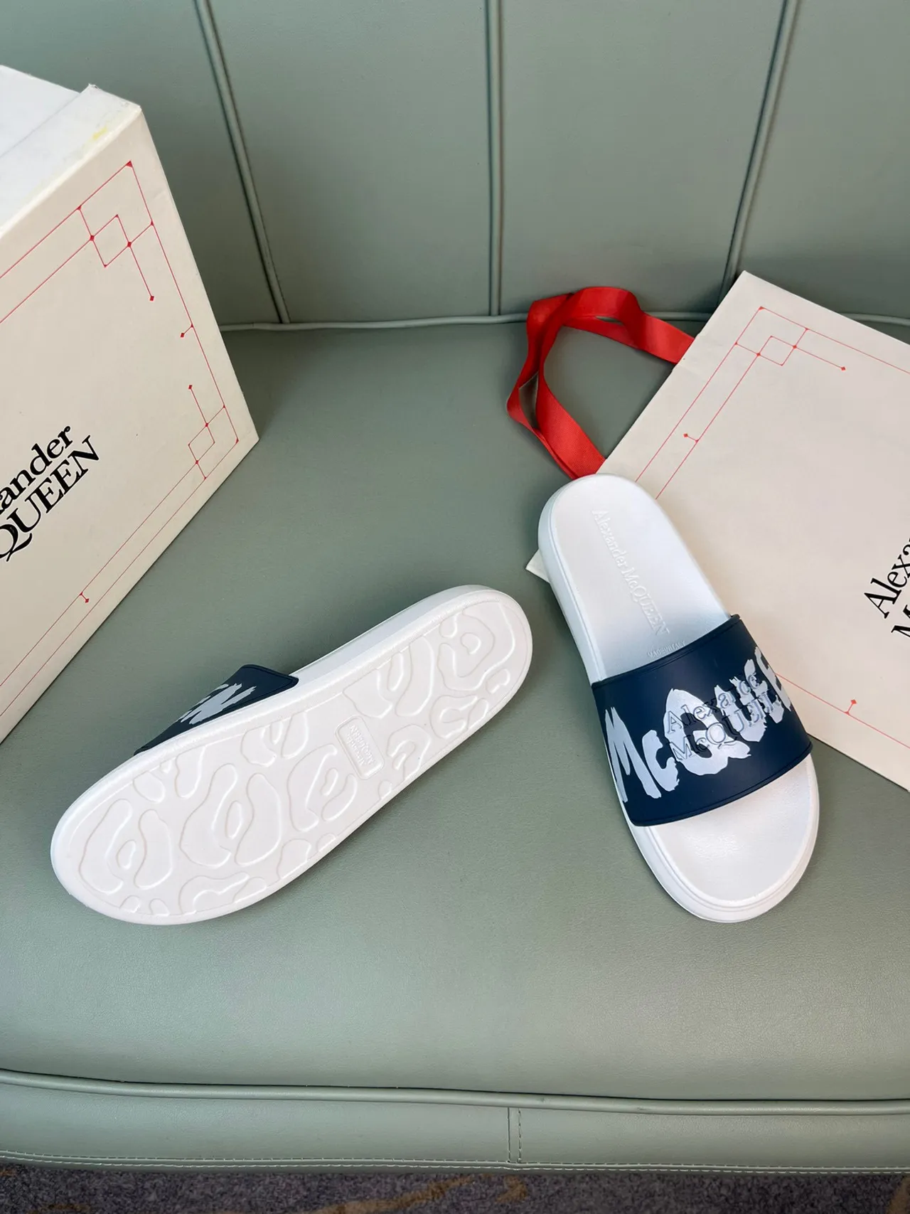 Alexander McQueen Logo Slide White and Navy Slippers 7