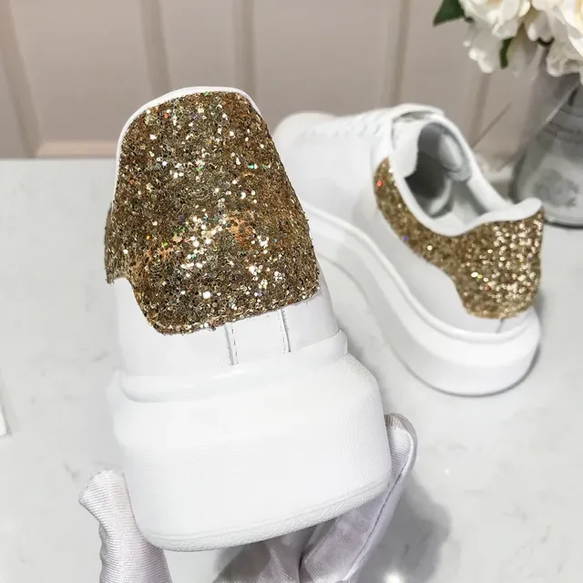 Alexander McQueen Oversized Sneaker White Gold Sole Glitter Heel Tab Lifestyle Sneakers 4