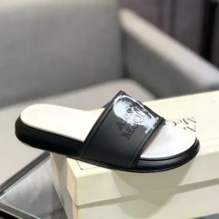 Alexander McQueen Slide Black White Chunky Sole Embossed Logo Strap Slippers