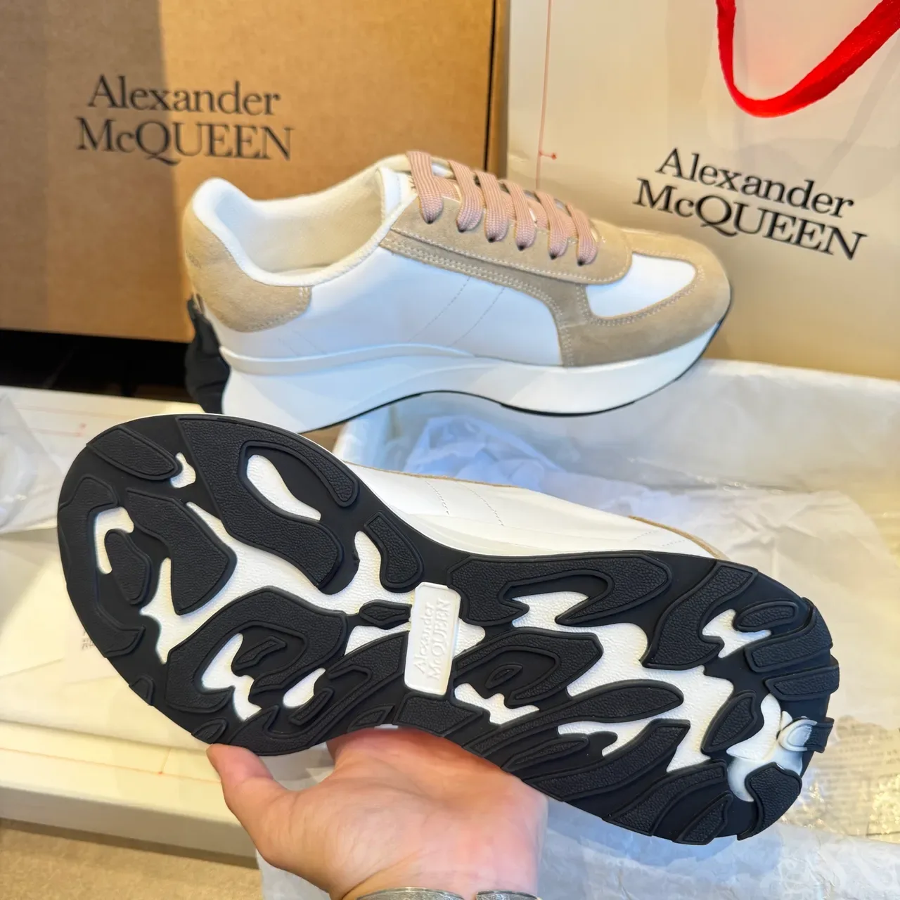 Alexander McQueen White Beige Oversized Silhouette Suede And Leather Paneling Lifestyle Sneakers 3