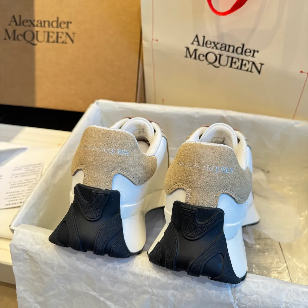 Alexander McQueen White Beige Oversized Silhouette Suede And Leather Paneling Lifestyle Sneakers 5