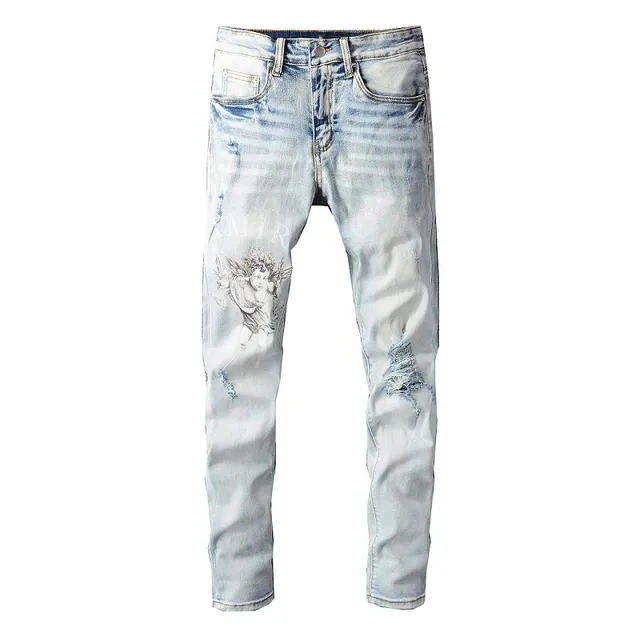 Amiri Calças Jeans Azuis e Brancas Desgastadas com Estampa Gráfica 5