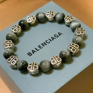 Balenciaga BB Logo Bracelet Gray Silver Beaded Marbled Stone Bracelet