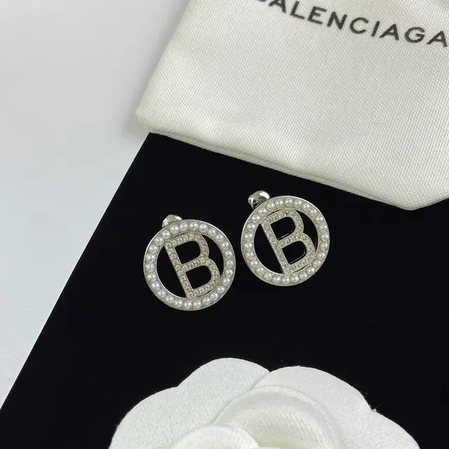 Balenciaga BB Logo Pearl and Crystal Stud Earrings 3