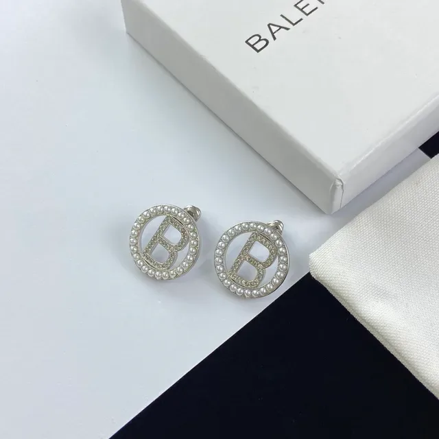 Balenciaga BB Logo Pearl and Crystal Stud Earrings 4
