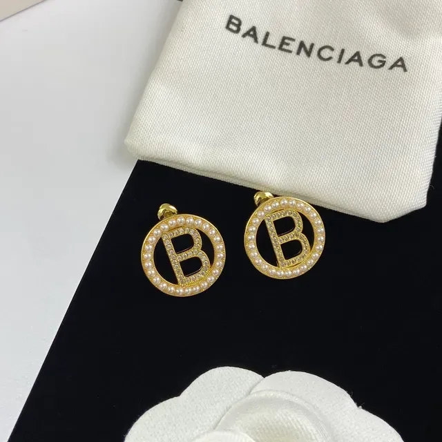 Balenciaga BB Logo Pearl and Crystal Stud Earrings 5