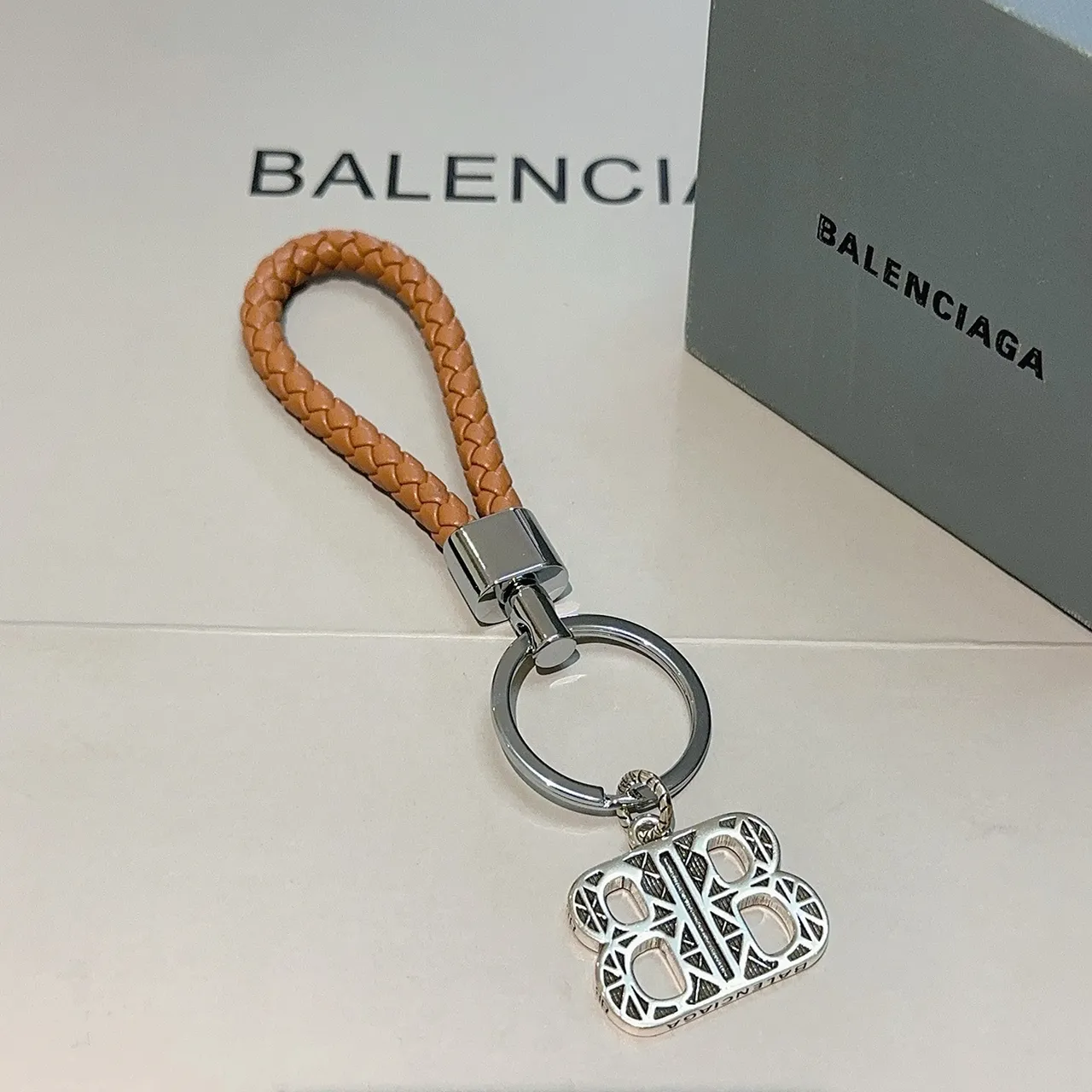 Balenciaga BB Monogram Brown Silver Braided Leather Loop Geometric Charm Jewelry 2