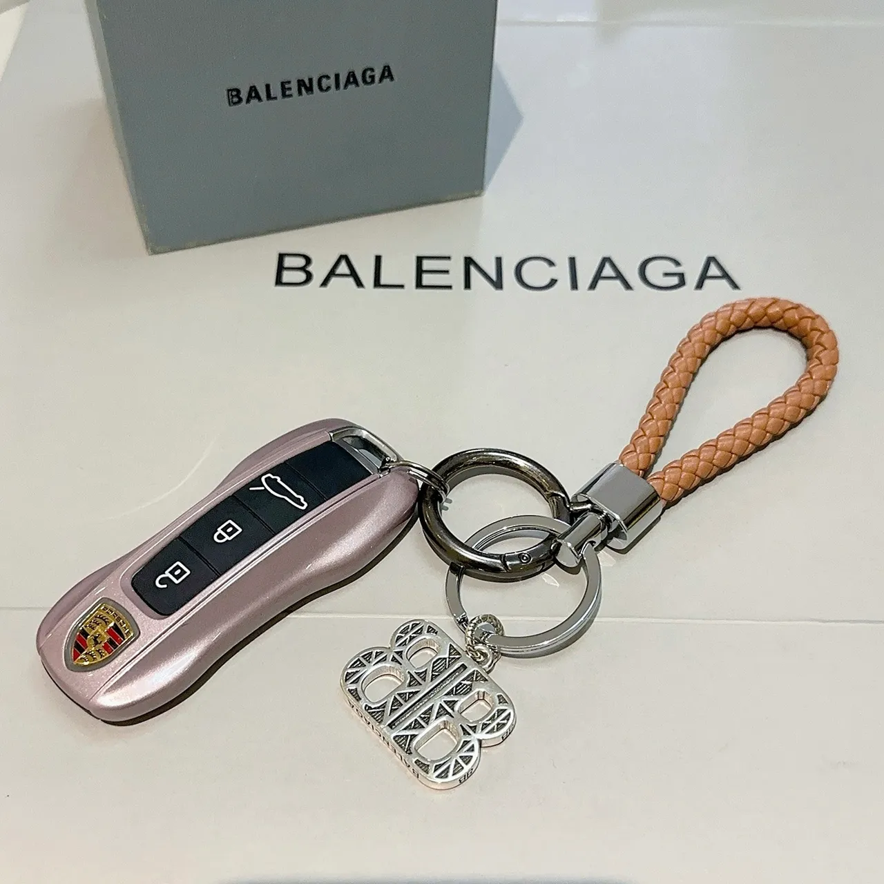 Balenciaga BB Monogram Brown Silver Braided Leather Loop Geometric Charm Jewelry 5