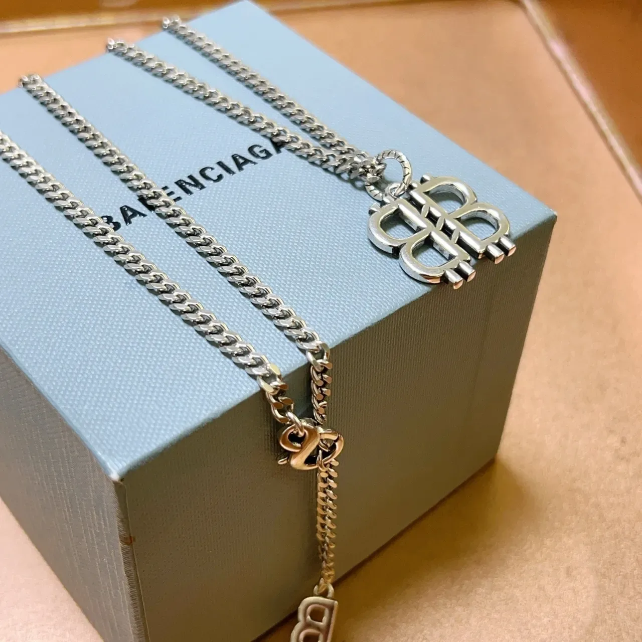 Balenciaga BB Necklace Silver Curb Chain Interlocked Logo Pendant Necklace 3