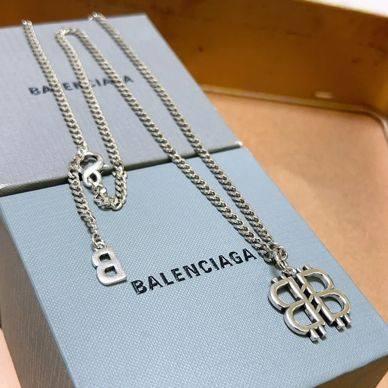 Balenciaga BB Necklace Silver Curb Chain Interlocked Logo Pendant Necklace 4