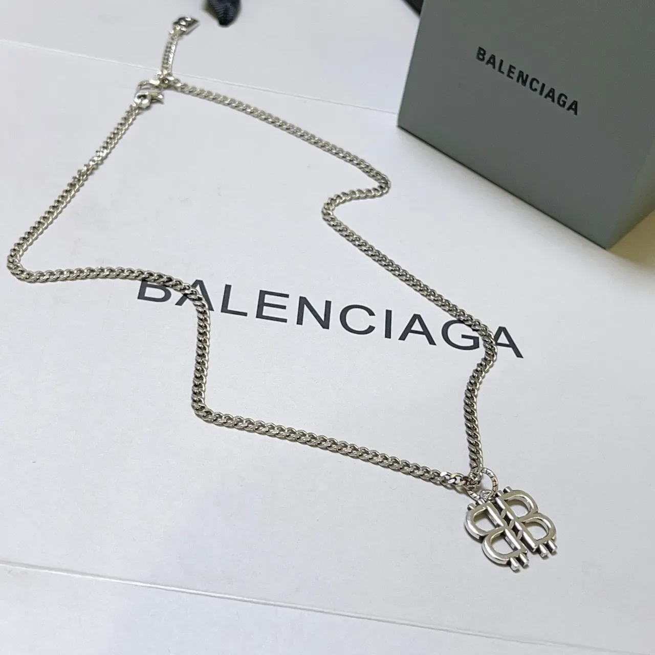 Balenciaga BB Necklace Silver Curb Chain Interlocked Logo Pendant Necklace 6