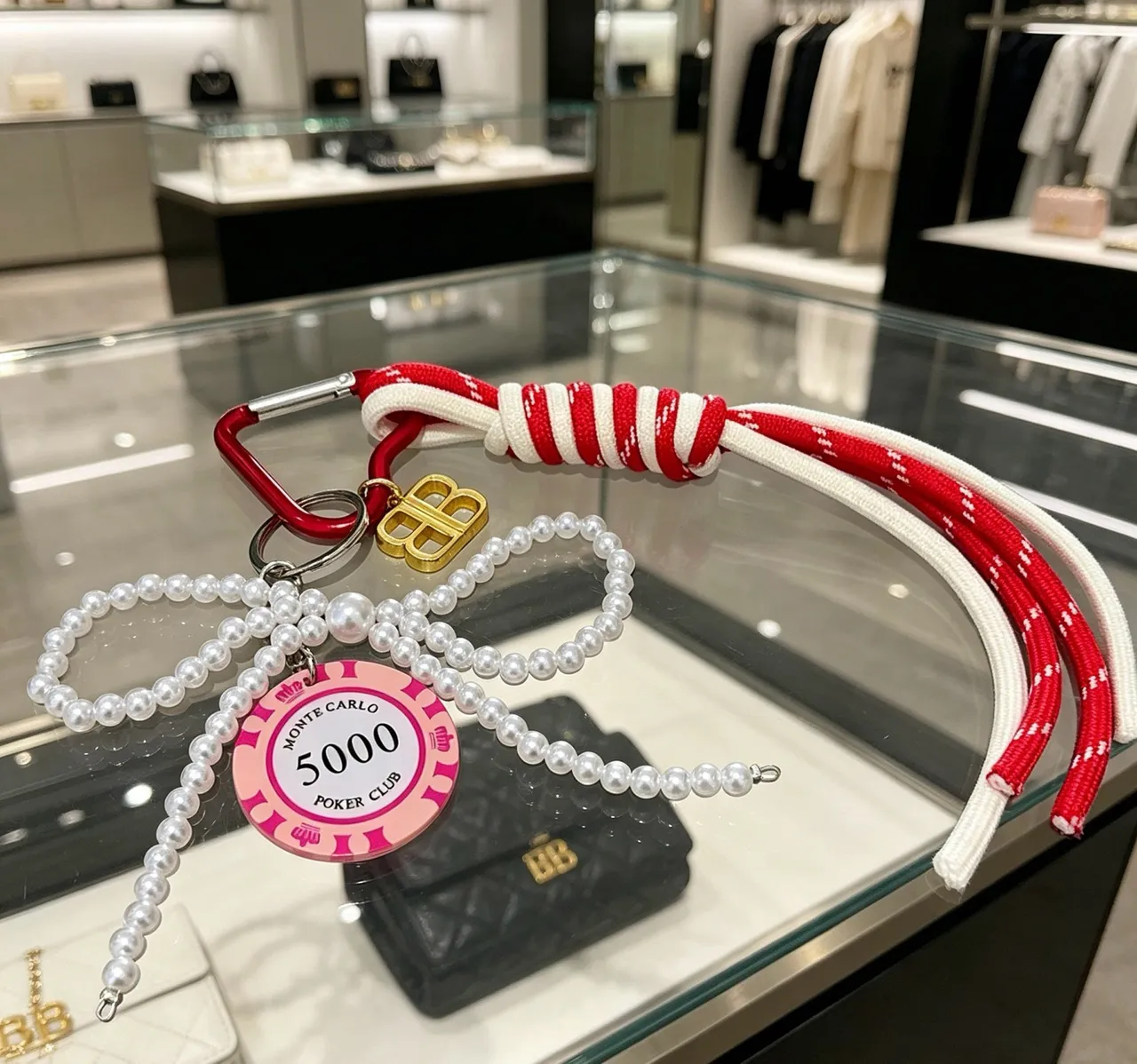 Balenciaga BB Pearl Keychain Red White Strand Rope Strap Bracelet 2