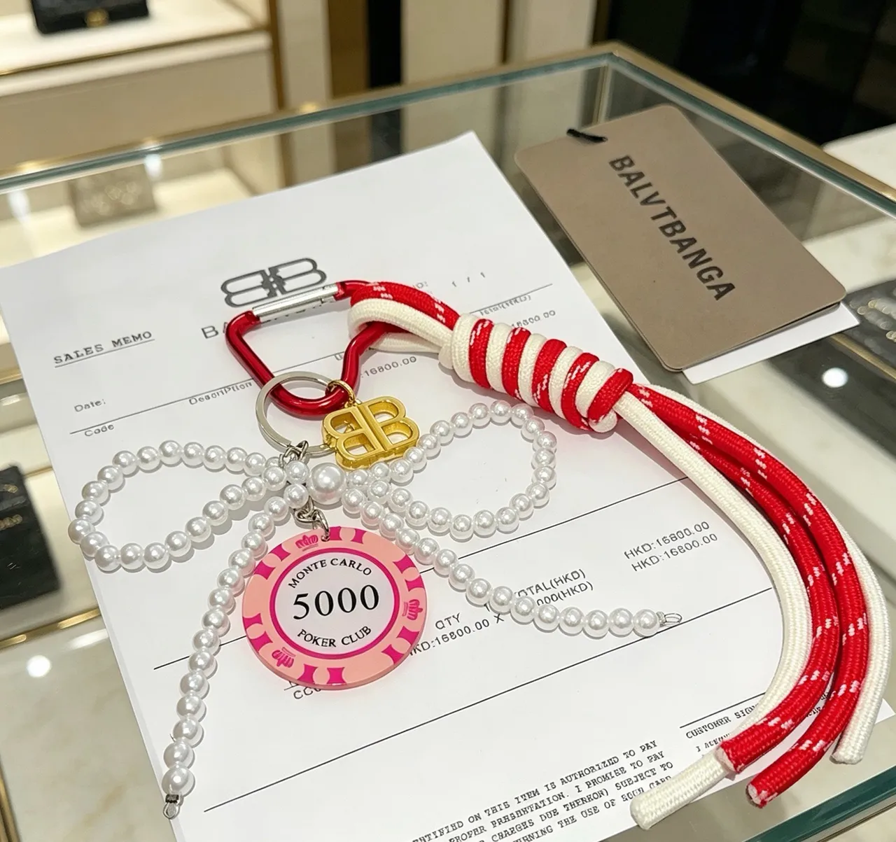 Balenciaga BB Pearl Keychain Red White Strand Rope Strap Bracelet 3