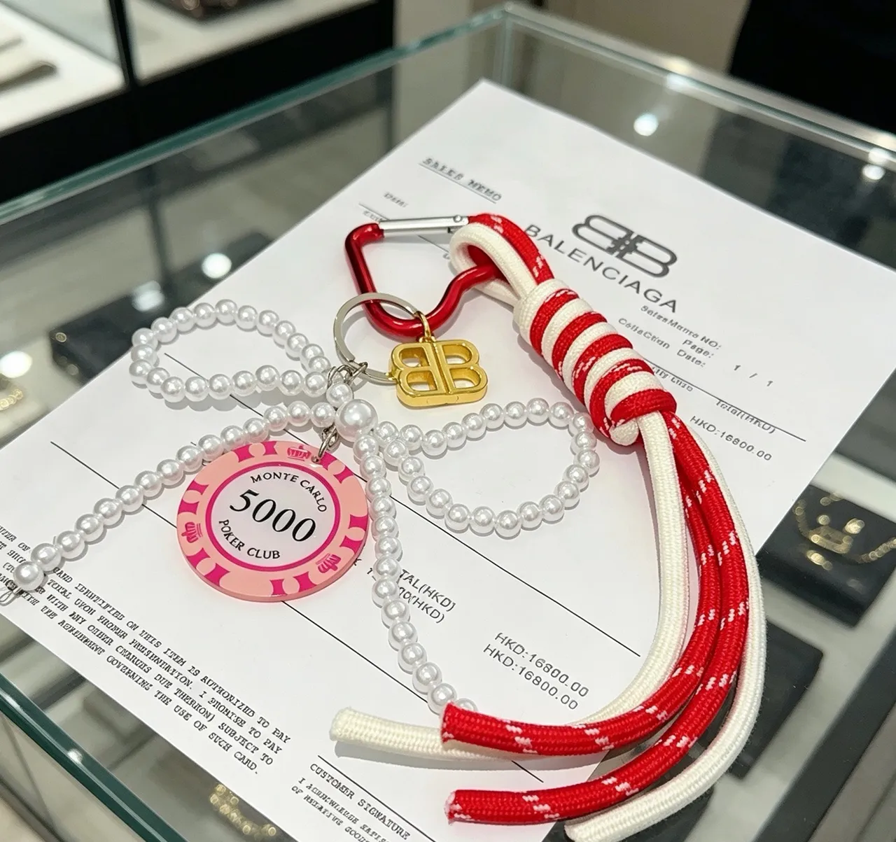 Balenciaga BB Pearl Keychain Red White Strand Rope Strap Bracelet 4