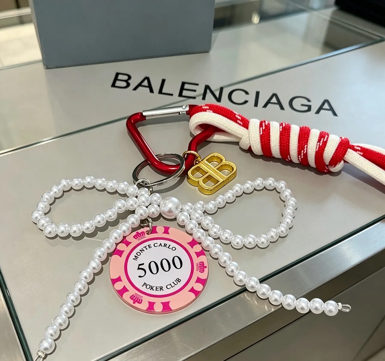 Balenciaga BB Pearl Keychain Red White Strand Rope Strap Bracelet 5