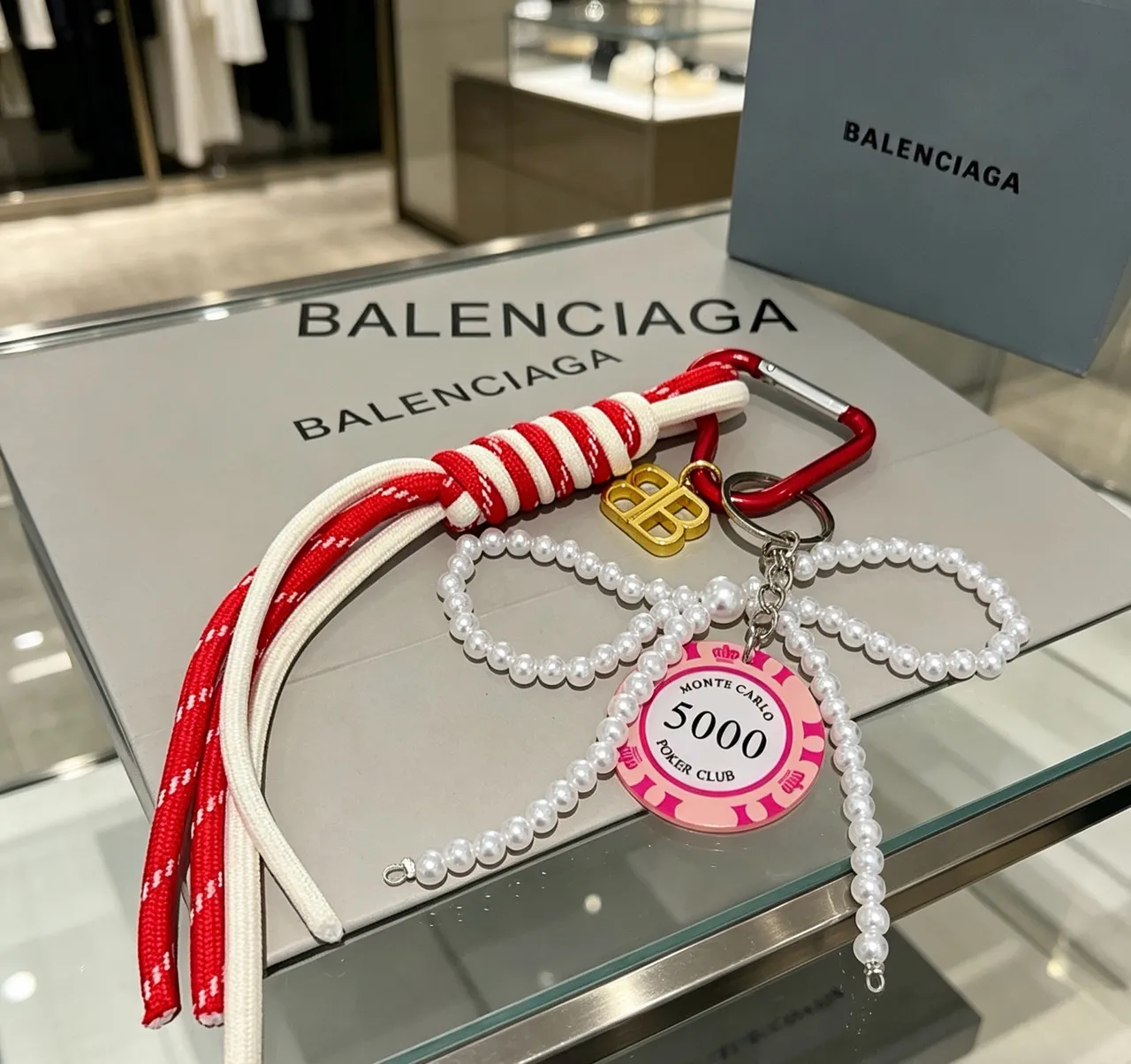 Balenciaga BB Pearl Keychain Red White Strand Rope Strap Bracelet 6