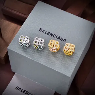 Balenciaga BB Silver Gold Cubic Openwork Monogram Motif Earrings