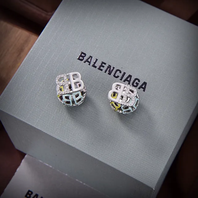 Balenciaga BB Silver Gold Cubic Openwork Monogram Motif Earrings 2