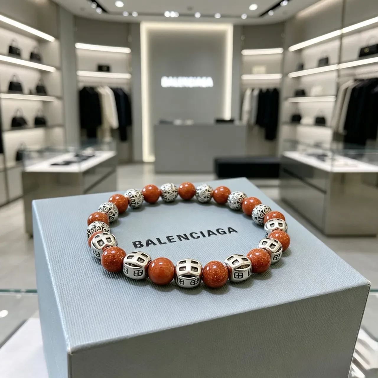 Balenciaga Pulsera Marrón Plateada con Cuentas y Acentos Metálicos 2