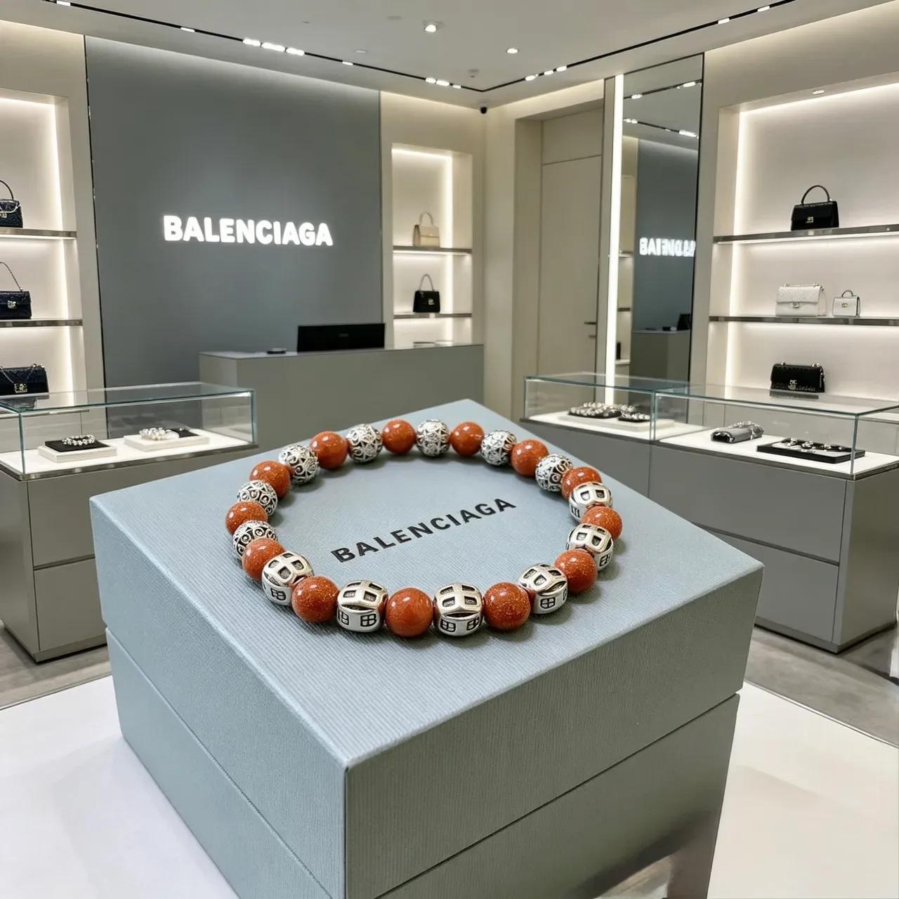 Balenciaga Pulsera Marrón Plateada con Cuentas y Acentos Metálicos 4