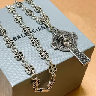 Balenciaga Celtic Cross Plata Negro Metal Clover-Link Chain Collar