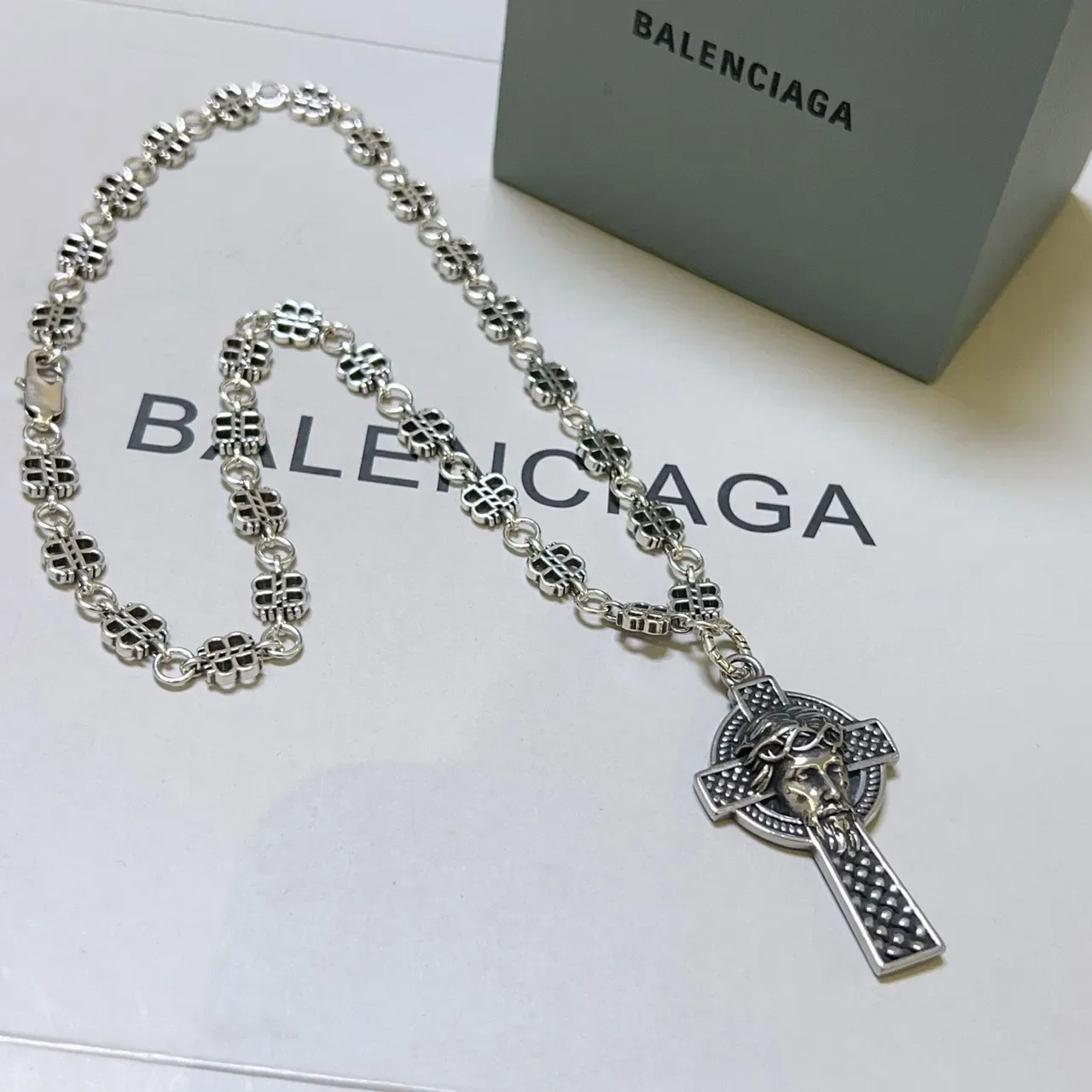 بالنساغا Celtic Cross فضي أسود معدني Clover-Link Chain قلادة 8