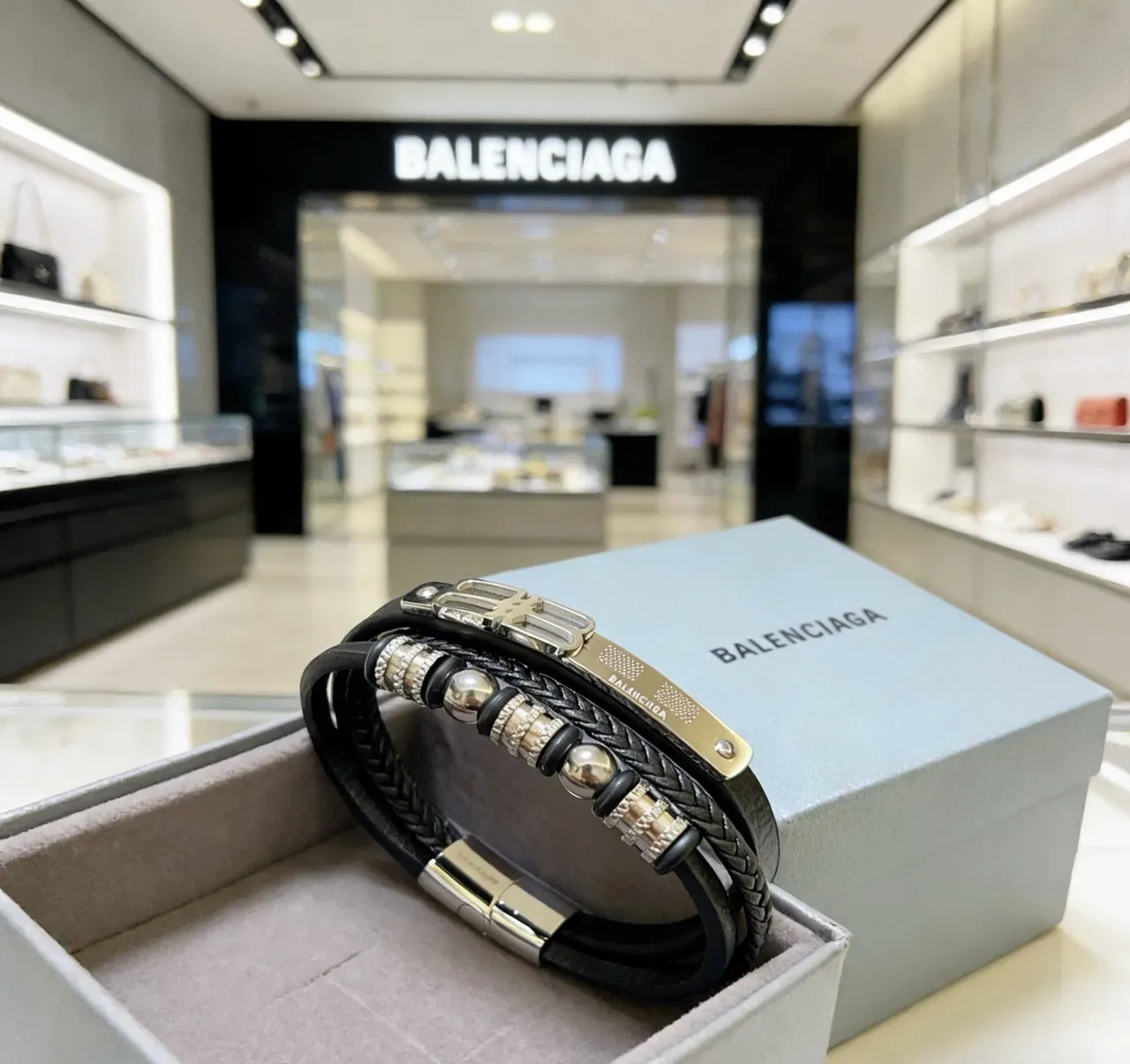 Balenciaga Double-B Clasp Braided Leather Bracelet 3