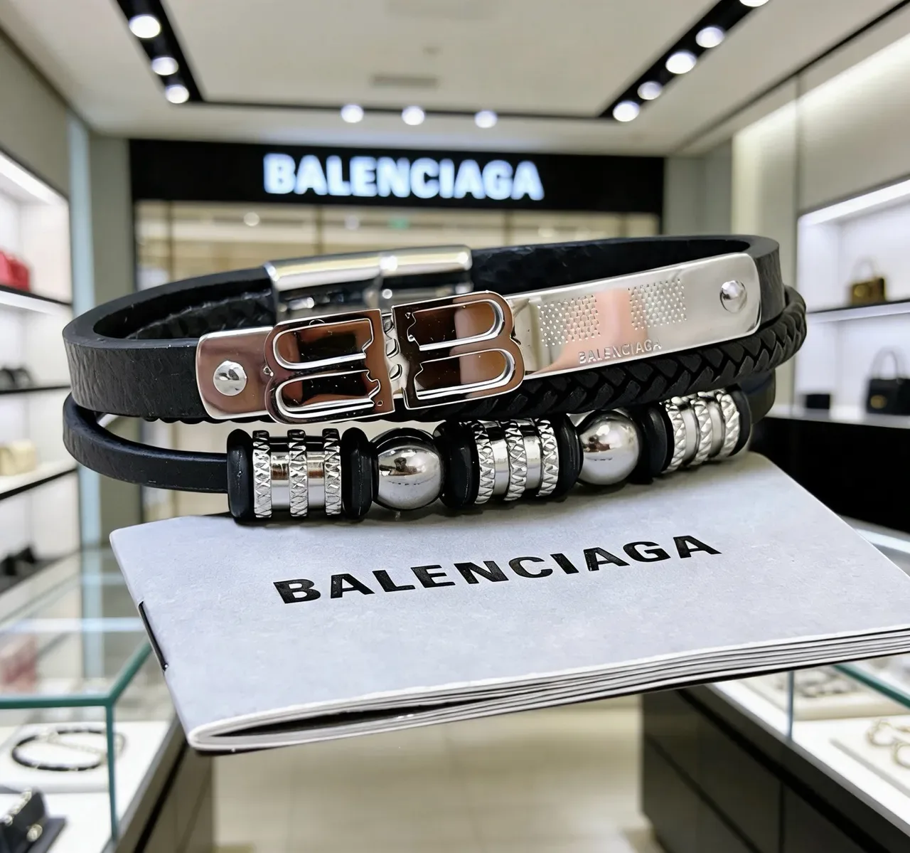 Balenciaga Double-B Clasp Braided Leather Bracelet 4