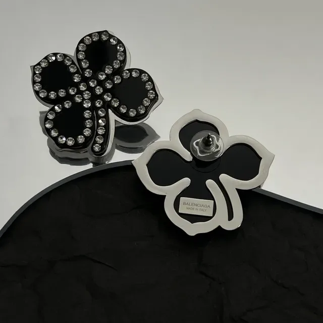 Balenciaga Floral Crystal-Encrusted Black Enamel Earrings 2