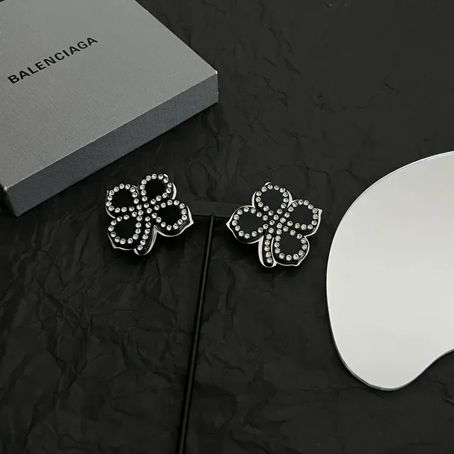 Balenciaga Floral Crystal-Encrusted Black Enamel Earrings 3