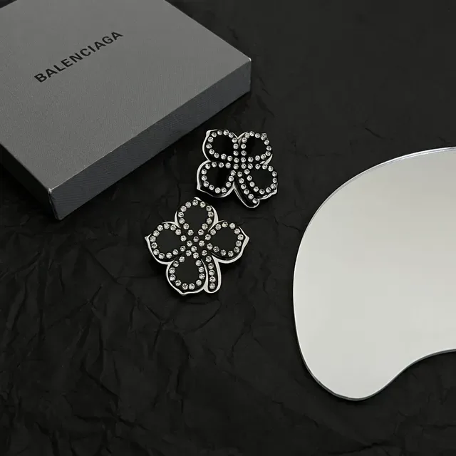 Balenciaga Floral Crystal-Encrusted Black Enamel Earrings 4