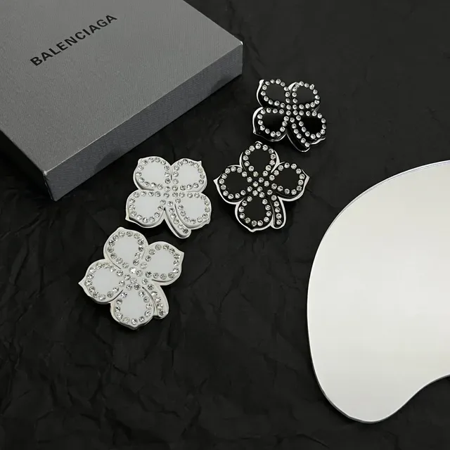 Balenciaga Floral Crystal-Encrusted Black Enamel Earrings 5