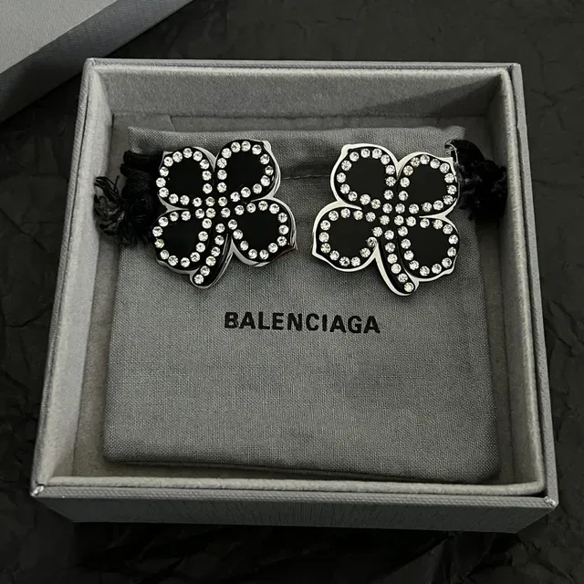 Balenciaga Floral Crystal-Encrusted Black Enamel Earrings 6