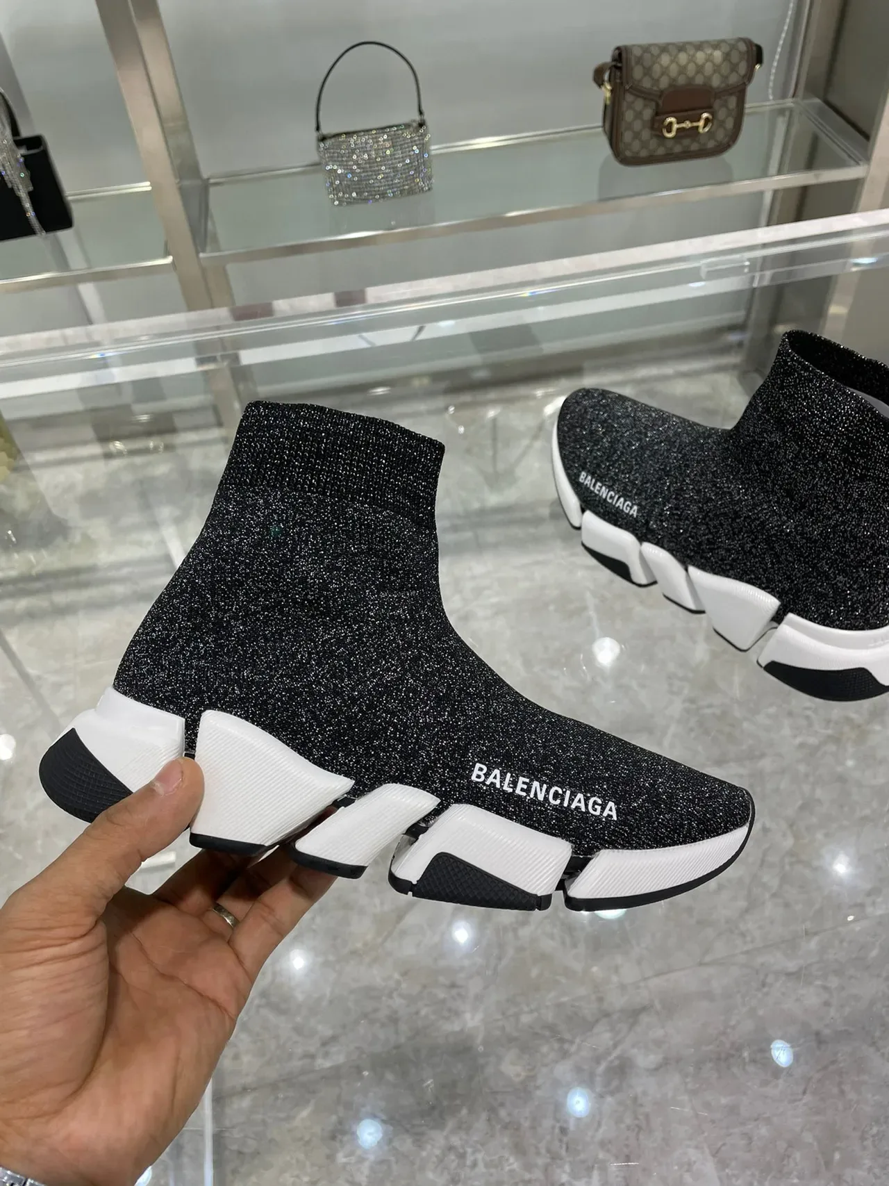 Balenciaga Speed Trainer Chaussures Lifestyle Noires en Tricot Brillant 4