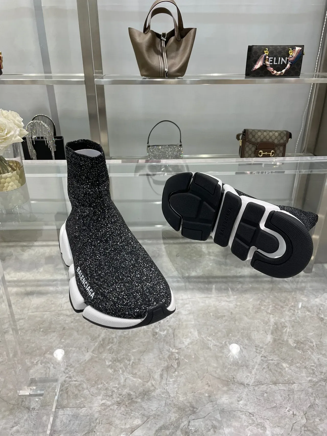 Balenciaga Speed Trainer Chaussures Lifestyle Noires en Tricot Brillant 5