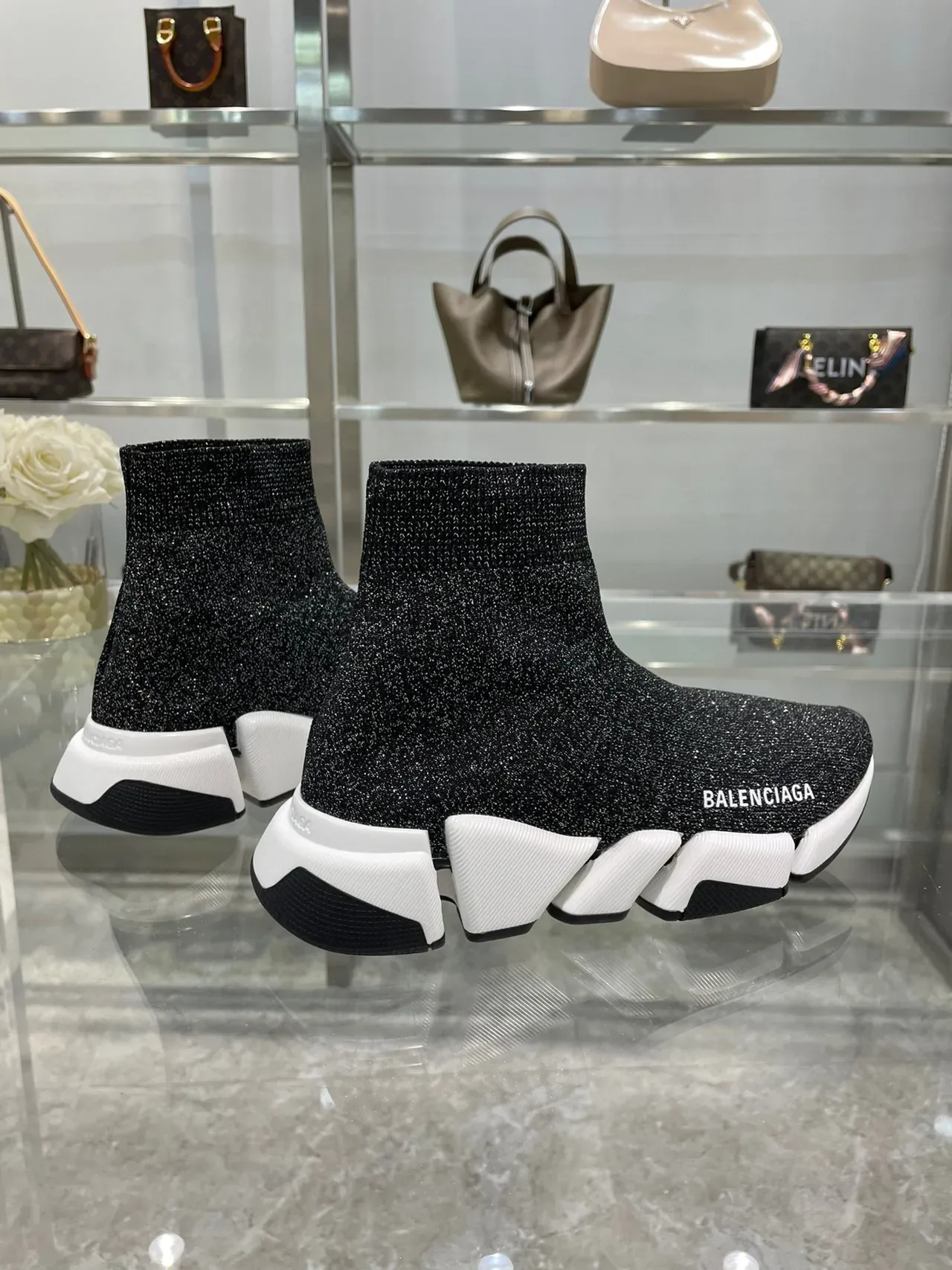 Balenciaga Speed Trainer Chaussures Lifestyle Noires en Tricot Brillant 6