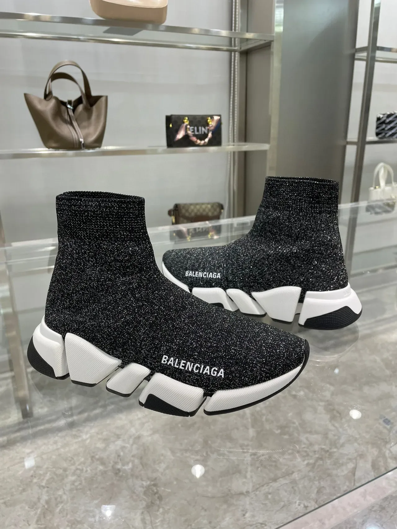 Balenciaga Speed Trainer Chaussures Lifestyle Noires en Tricot Brillant 7