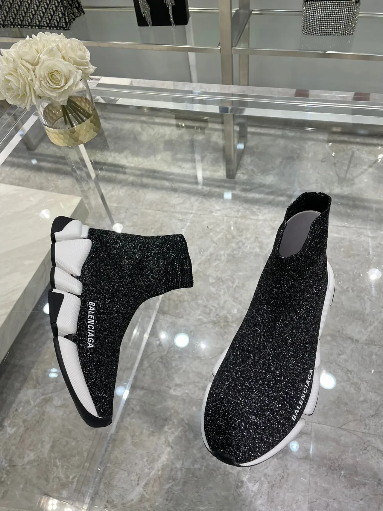 Balenciaga Speed Trainer Chaussures Lifestyle Noires en Tricot Brillant 9