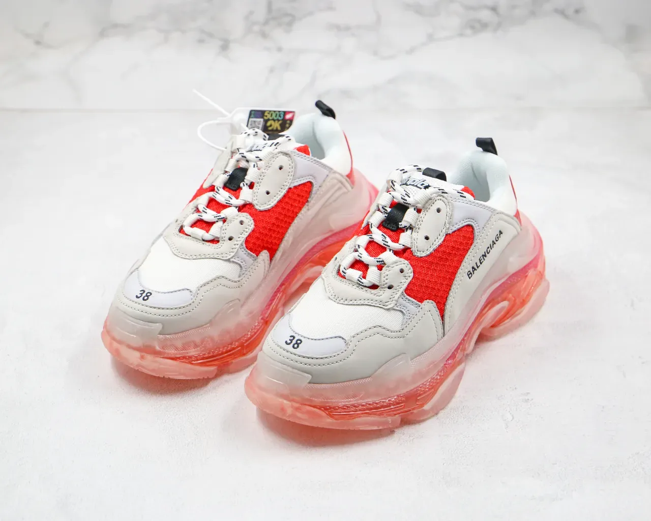 Balenciaga Triple S White and Red Translucent Sole Chunky Sneakers 7